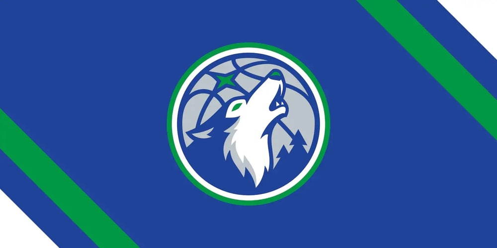 O novo brasão do Minnesota Timberwolves, com lobo branco dentro de bola prateada e anel verde