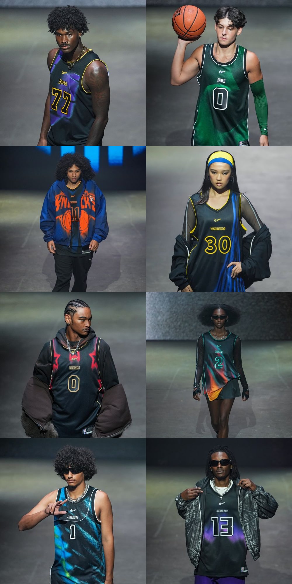 Os oito uniformes Specter Edition da Nike, um por franquia, no desfile em Nova York
