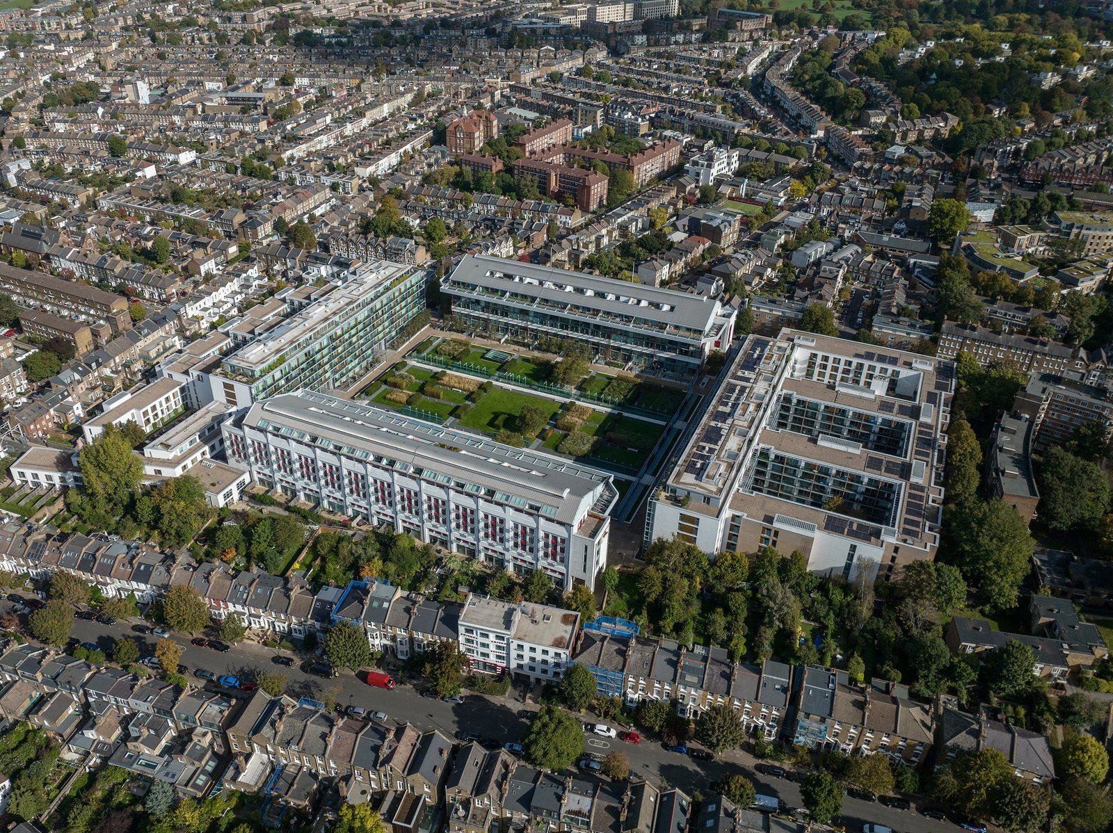 Vista aérea do Highbury Square, condomínio no antigo estádio do Arsenal em Londres