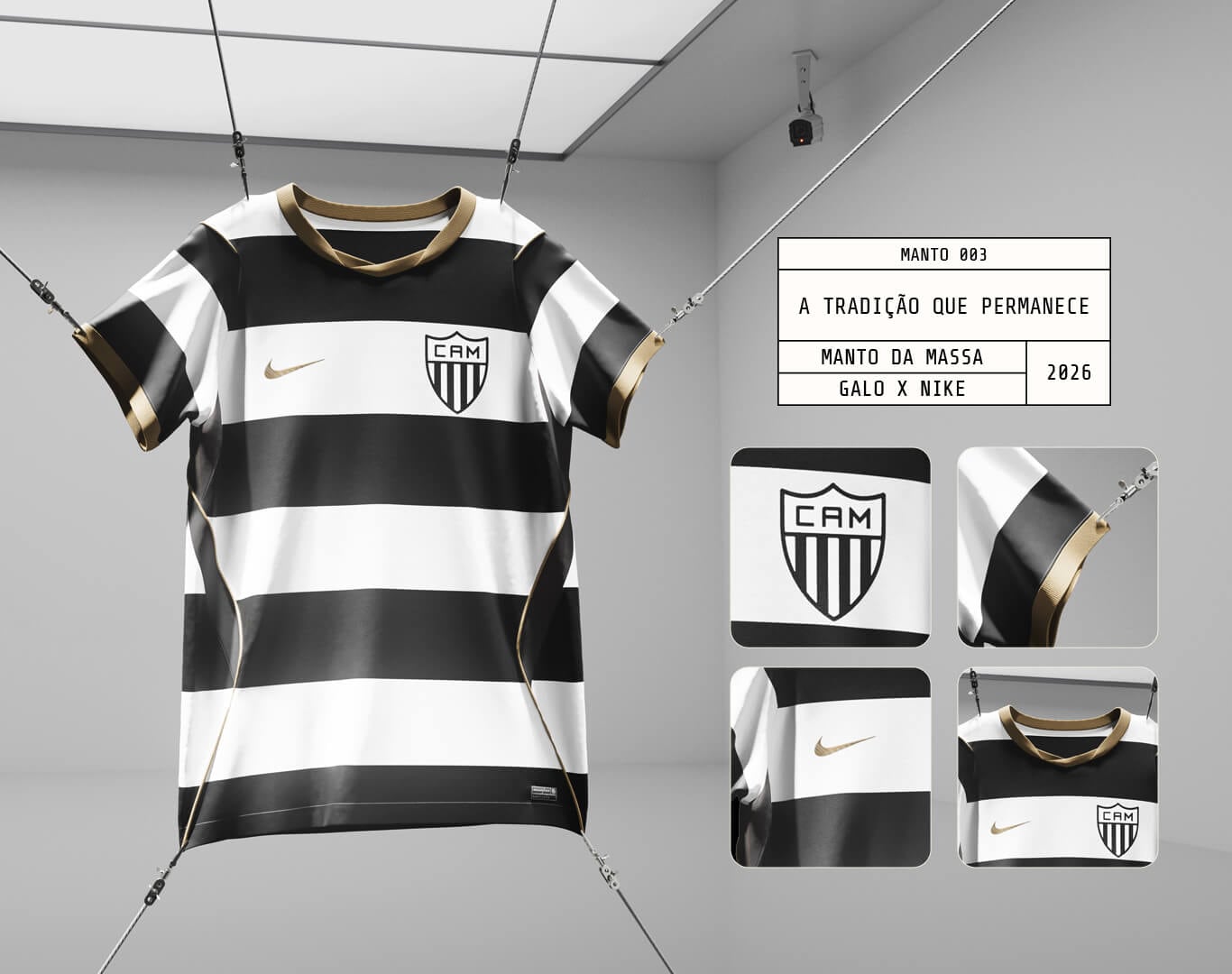 Detalhes do Manto da Massa 2026/27: escudo, punho dourado, Swoosh e gola