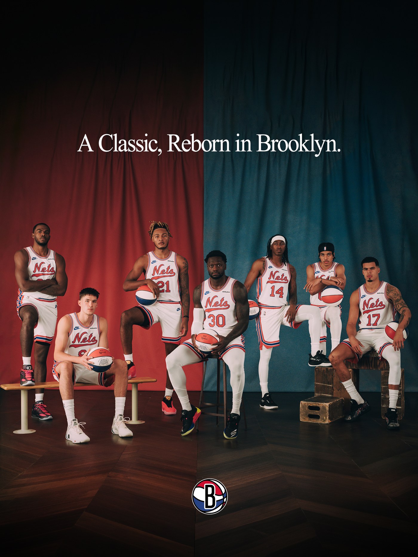 Jogadores do Nets com o uniforme Classic Edition inspirado na ABA
