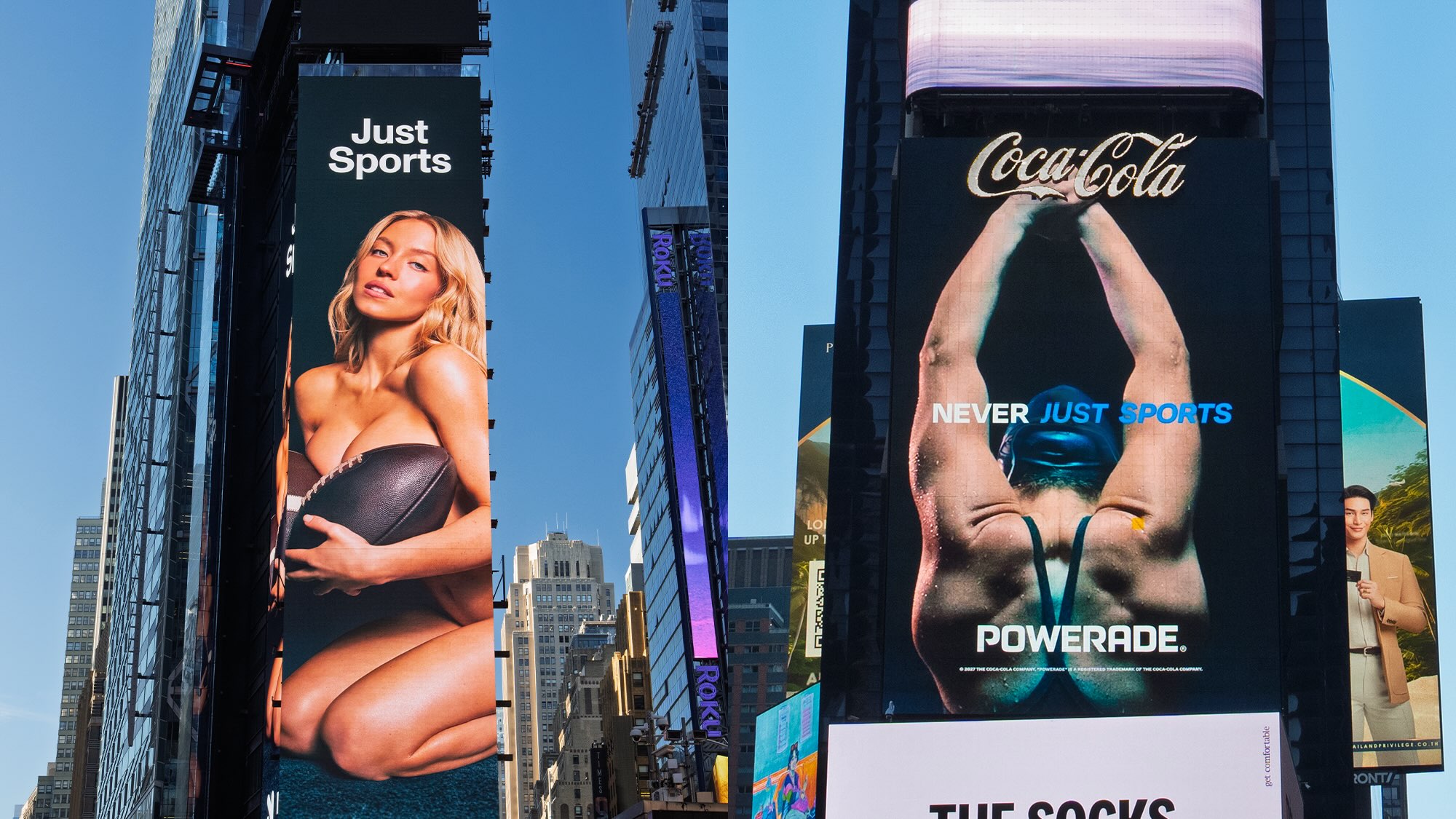 Painéis na Times Square: à esquerda, o anúncio Just Sports da Novig com Sydney Sweeney; à direita, a resposta Never Just Sports da Powerade com uma nadadora