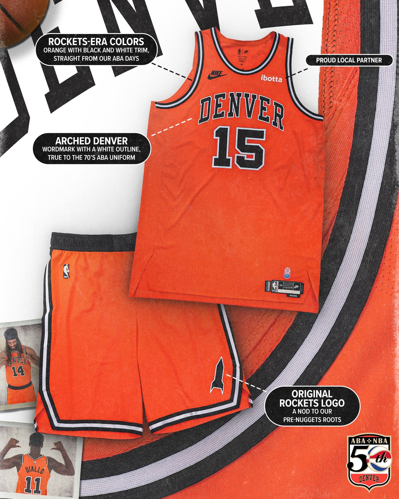 Uniforme laranja do Nuggets com Denver em arco, homenagem ao Denver Rockets
