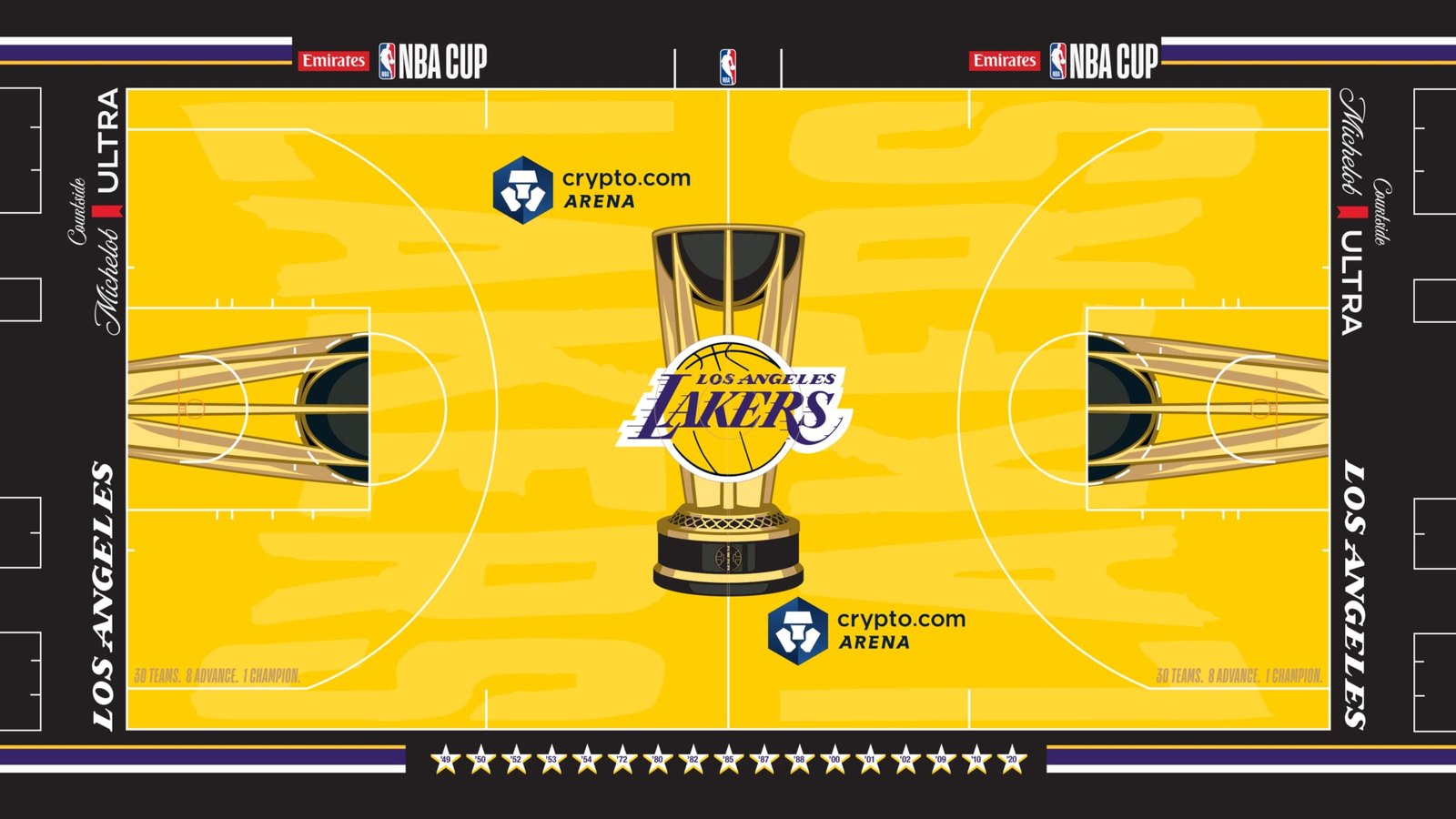Quadra amarela do Lakers para a NBA Cup 2026 com 17 estrelas na lateral