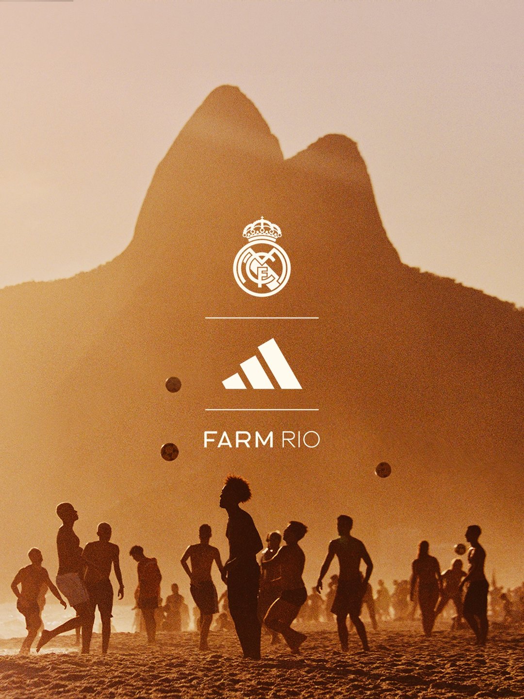 Teaser oficial da colaboração Real Madrid x adidas x FARM Rio com o Morro Dois Irmãos ao fundo