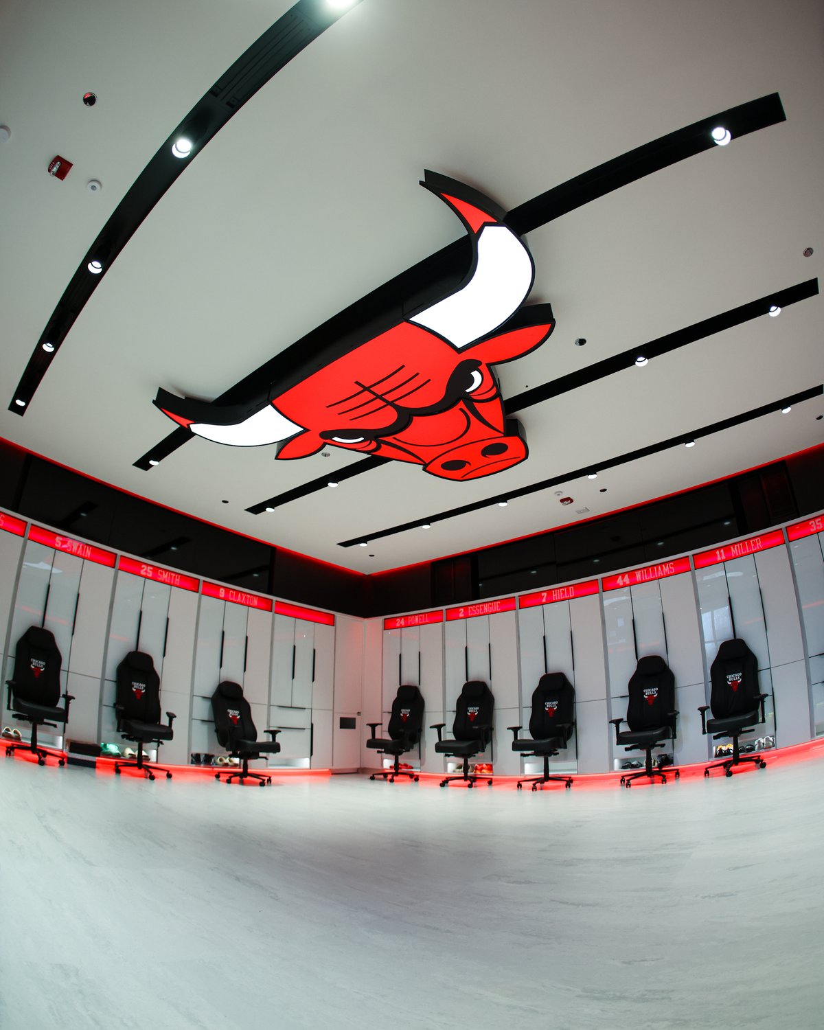 Vestiário reformado do Bulls no Advocate Center, com o logo do touro no teto